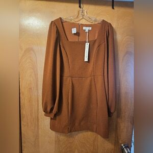 She and Sky Rust Brown Square Neck Long Sleeve Mini Dress